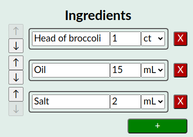 A list of ingredients: "Head of broccoli", "Oil", "Salt".