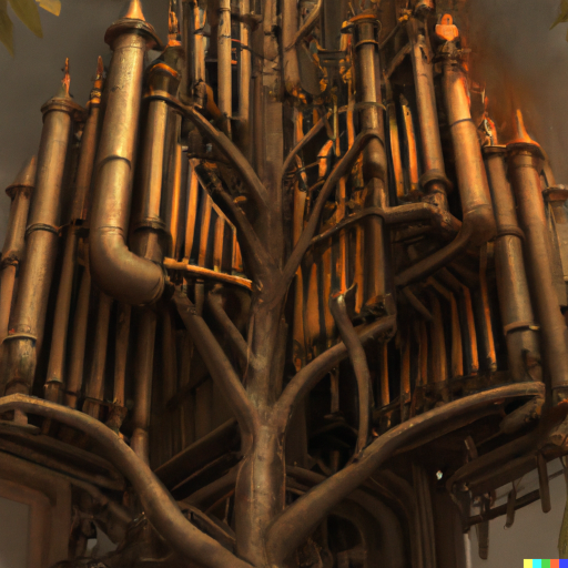 DALL-E: pipe organ branching like a tree, digital art.