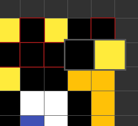 Grid of pixels, some conflicting (outlined in red). One conflicting pixel has been clicked on, revealing the conflicting choices.