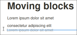 Notion screenshot of moving block "Lorem ipsum dolor sit amet" from before to after "consectetur adipiscing elit".