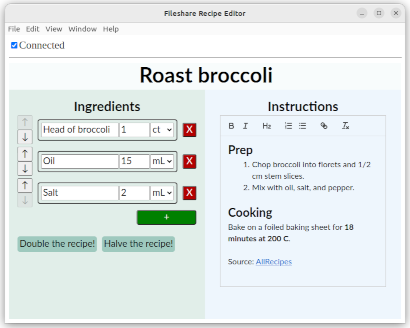 Recipe editor screenshot showing a recipe for roast broccoli.